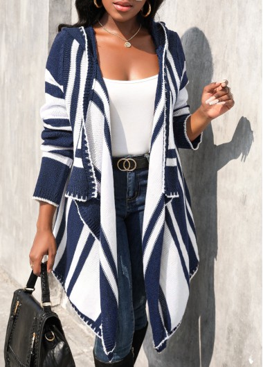 Dark Blue tops,Geometric tops,Asymmetry Geometric Print Dark Blue Hooded Cardigan