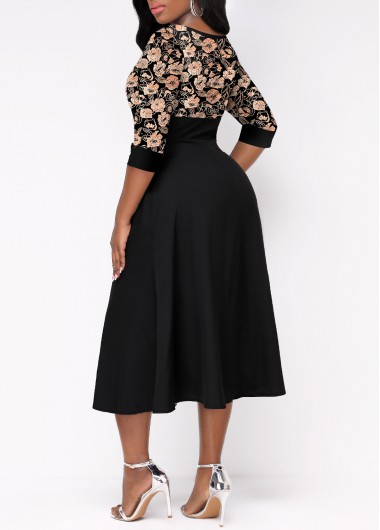 Black dresses,Plants dresses,Floral dresses,ROTITA Button Random Floral Print Black Split Neck Dress