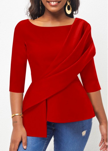 Red tops,Plain Color tops,ROTITA Asymmetry Red Boat Neck 3/4 Sleeve Blouse