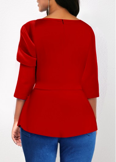 Red tops,Plain Color tops,ROTITA Asymmetry Red Boat Neck 3/4 Sleeve Blouse