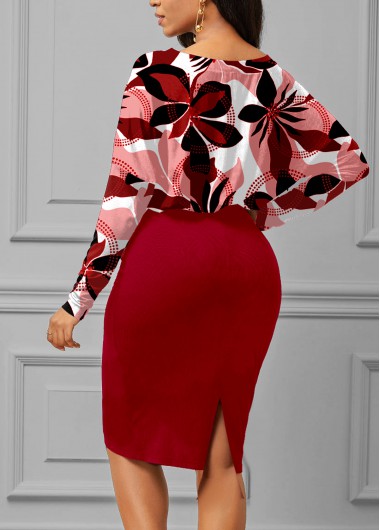 Red dresses,Floral dresses,Dot dresses,ROTITA Shirred Floral Print Red Boat Neck Bodycon Dress