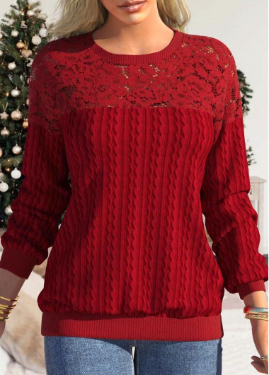 Red tops,Plain Color tops,ROTITA Lace Red Round Neck Long Sleeve Sweatshirt