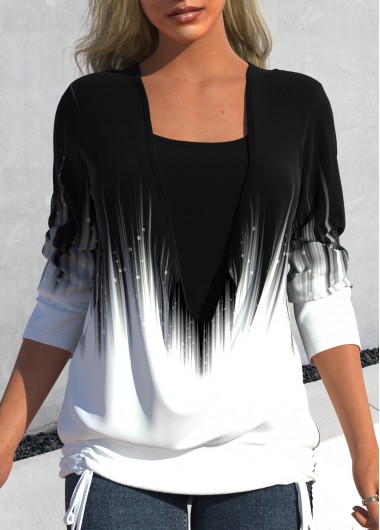 Black tops,Ombre tops,ROTITA Fake 2in1 Ombre Black Square Neck Sweatshirt