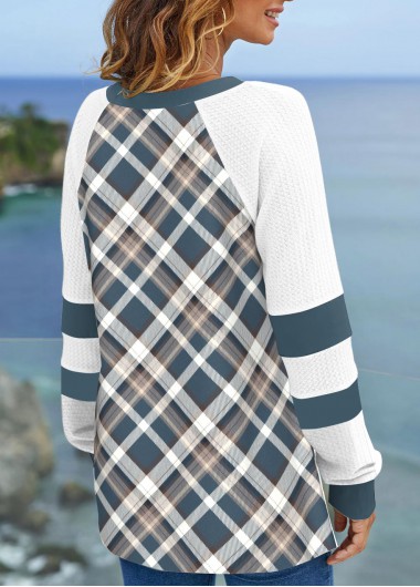 Multi Color tops,Plaid tops,Striped tops,ROTITA Patchwork Plaid Multi Color Split Neck Sweatshirt