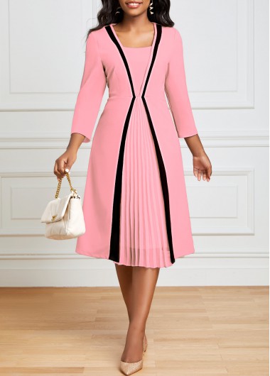 Pink dresses,Contrast Color dresses,ROTITA Pink Square Neck Pleated Hem Dress