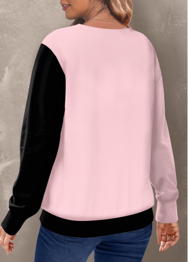 Pink tops,Contrast Color tops,ROTITA Patchwork Pink Round Neck Long Sleeve Sweatshirt