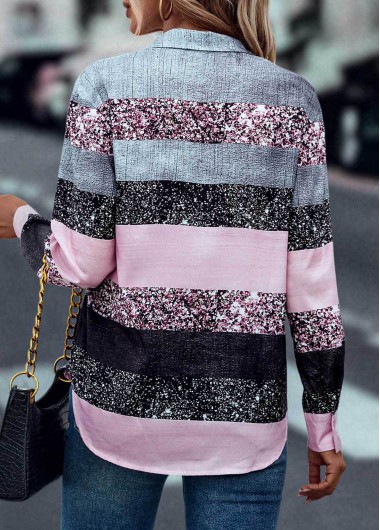 Pink tops,Contrast Color tops,Button Pink Shirt Collar Long Sleeve Blouse