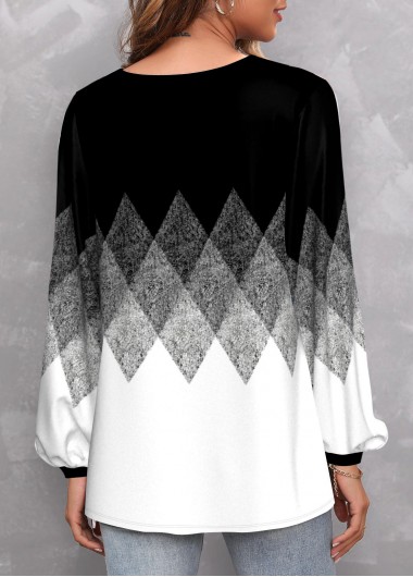 Black tops,Geometric tops,ROTITA Metal Ring Geometric Print Black V Neck Blouse