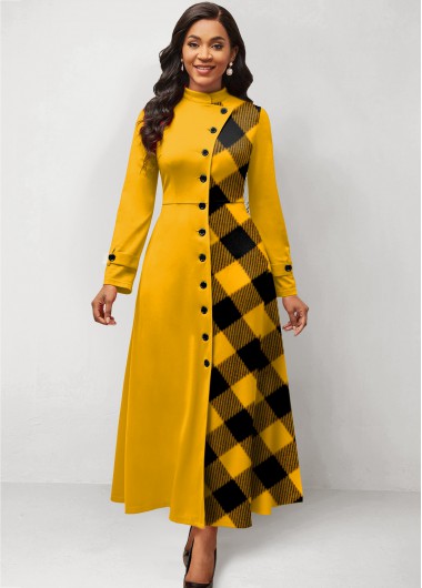 Yellow dresses,Plaid dresses,ROTITA Plaid Yellow Maxi Stand Collar Long Sleeve Dress