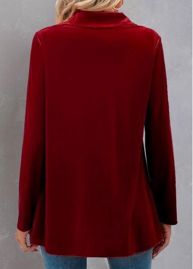 Wine Red tops,Plain Color tops,ROTITA Velvet Wine Red Shirt Collar Long Sleeve Blouse
