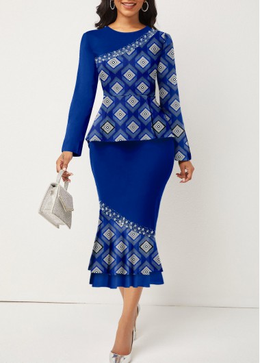 Dark Blue dresses,Tribal dresses,Geometric dresses,Ditsy Floral dresses,ROTITA Fake 2in1 Tribal Print Navy Bodycon Dress