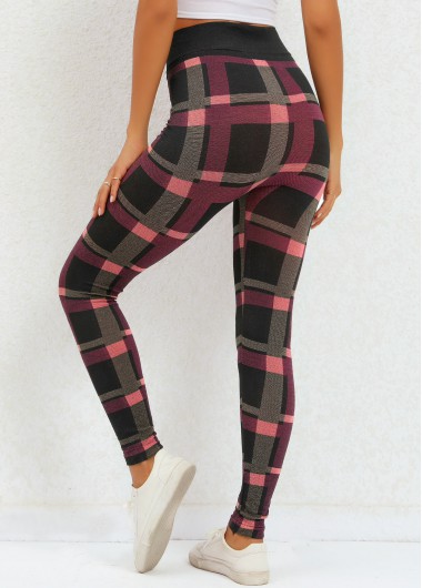 Deep Red bottoms,Plaid bottoms,Plaid Deep Red High Waisted Elastic Waist Leggings