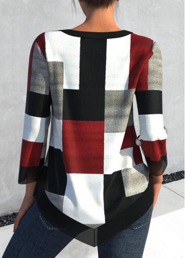 Black tops,Geometric tops,ROTITA Asymmetry Geometric Print Black Split Neck Blouse