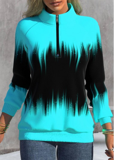 Cyan tops,Ombre tops,ROTITA Zipper Ombre Cyan High Neck Long Sleeve Sweatshirt