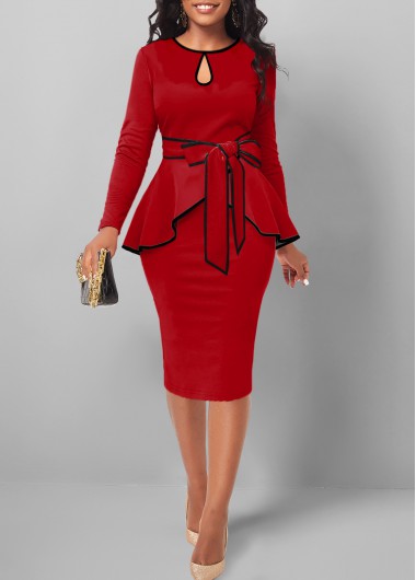 Red dresses,Plain Color dresses,ROTITA Contrast Binding Red Belted Round Neck Bodycon Dress