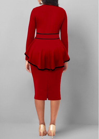Red dresses,Plain Color dresses,ROTITA Contrast Binding Red Belted Round Neck Bodycon Dress