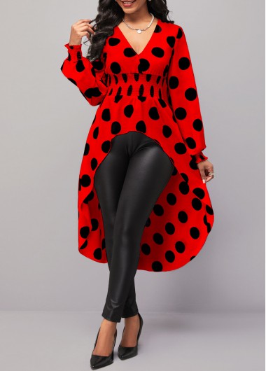 Red tops,Dot tops,ROTITA Polka Dot Red V Neck Long Sleeve Blouse