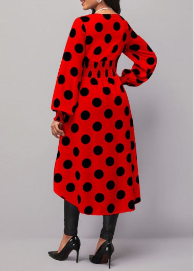 Red tops,Dot tops,ROTITA Polka Dot Red V Neck Long Sleeve Blouse