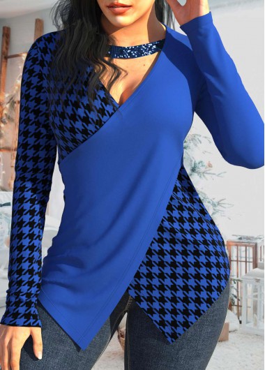 Royal Blue tops,Houndstooth tops,ROTITA Patchwork Houndstooth Print Royal Blue T Shirt