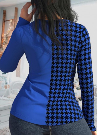 Royal Blue tops,Houndstooth tops,ROTITA Patchwork Houndstooth Print Royal Blue T Shirt