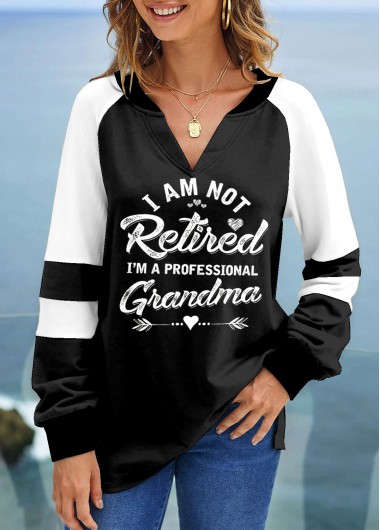 Black tops,Letter tops,Heart tops,ROTITA Letter Print Black V Neck Long Sleeve Sweatshirt