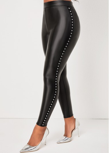 Black bottoms,Plain Color bottoms,ROTITA Rivet Black Skinny Elastic Waist High Waisted Pants