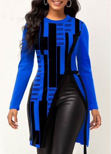 Royal Blue tops,Geometric tops,ROTITA Geometric Print Royal Blue Round Neck T Shirt