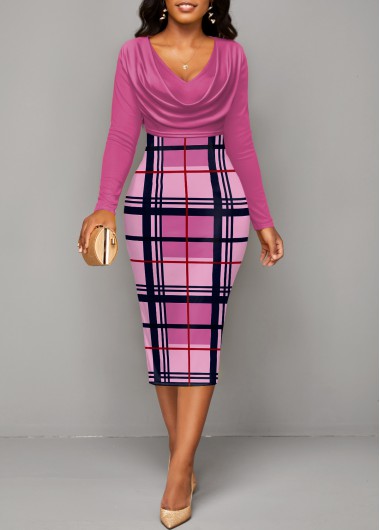 Pink dresses,Plaid dresses,Geometric dresses,ROTITA Plaid Pink V Neck Long Sleeve Bodycon Dress