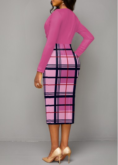 Pink dresses,Plaid dresses,Geometric dresses,ROTITA Plaid Pink V Neck Long Sleeve Bodycon Dress