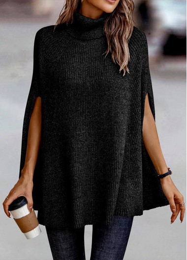 Black tops,Plain Color tops,Split Black Turtleneck Short Sleeve Sweater