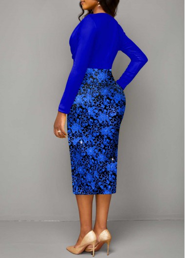 Royal Blue dresses,Floral dresses,ROTITA Hot Stamping Royal Blue V Neck Bodycon Dress