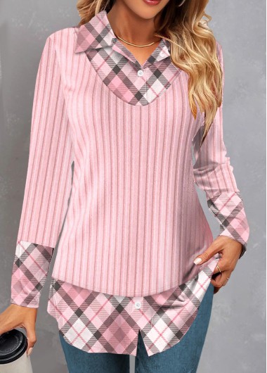Pink tops,Plaid tops,Geometric tops,ROTITA Fake 2in1 Plaid Pink Shirt Collar Blouse