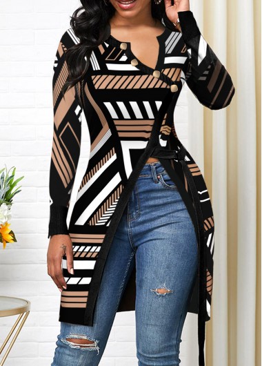 Black tops,Geometric tops,Striped tops,ROTITA Split Geometric Print Black Asymmetrical Neck T Shirt