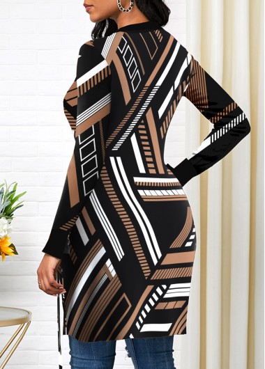 Black tops,Geometric tops,Striped tops,ROTITA Split Geometric Print Black Asymmetrical Neck T Shirt