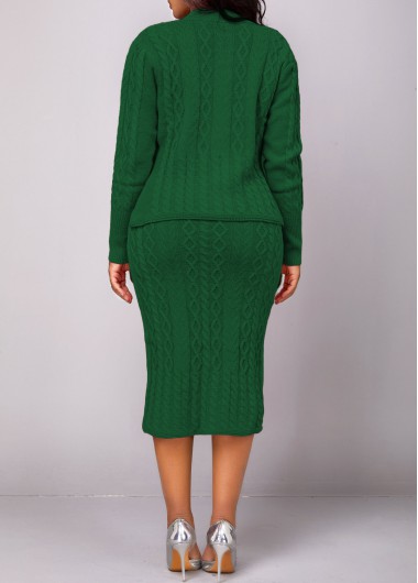 Blackish Green dresses,Plain Color dresses,ROTITA Button Long Sleeve Blackish Green Top and Skirt