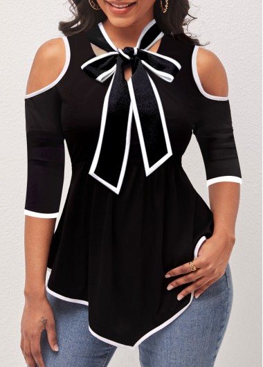 Black tops,Plain Color tops,ROTITA Black 3/4 Sleeve Lace Tie Collar T Shirt