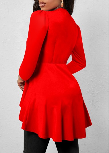 Red tops,Plain Color tops,ROTITA Twist Red V Neck Long Sleeve T Shirt