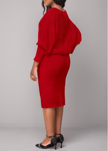 Red dresses,Plain Color dresses,ROTITA Red Boat Neck Long Sleeve Bodycon Dress