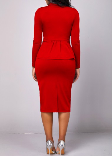 Red dresses,Plain Color dresses,ROTITA Lapel Red Long Sleeve Two Piece Suit