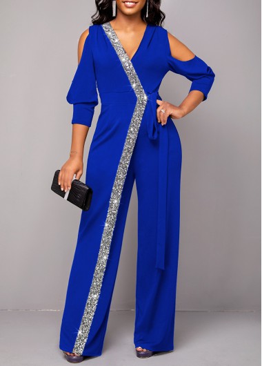 Royal Blue jumpsuits&rompers,Plain Color jumpsuits&rompers,ROTITA Sequin Royal Blue V Neck Jumpsuit