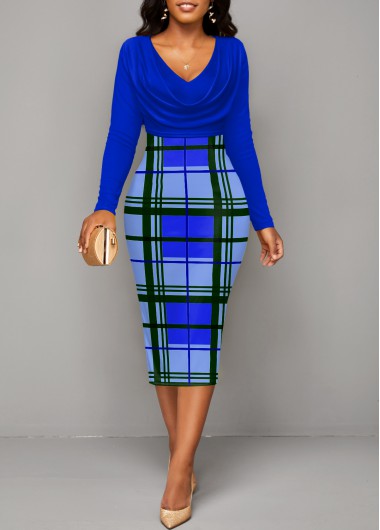 Royal Blue dresses,Plaid dresses,Striped dresses,Geometric dresses,ROTITA Patchwork Plaid Royal Blue V Neck Bodycon Dress