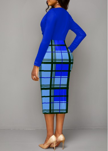 Royal Blue dresses,Plaid dresses,Striped dresses,Geometric dresses,ROTITA Patchwork Plaid Royal Blue V Neck Bodycon Dress