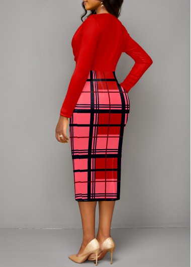 Red dresses,Plaid dresses,Geometric dresses,ROTITA Plaid Red V Neck Long Sleeve Bodycon Dress