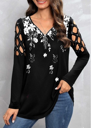 Black tops,Floral tops,ROTITA Zipper Floral Print Black V Neck T Shirt