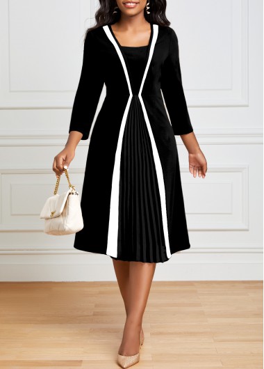 Black dresses,Contrast Color dresses,ROTITA Black Square Neck Pleated Hem Dress