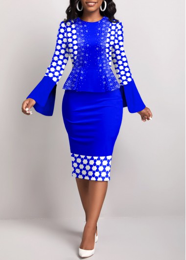 Royal Blue dresses,Geometric dresses,Dot dresses,ROTITA Fake 2in1 Geometric Print Royal Blue Bodycon Dress