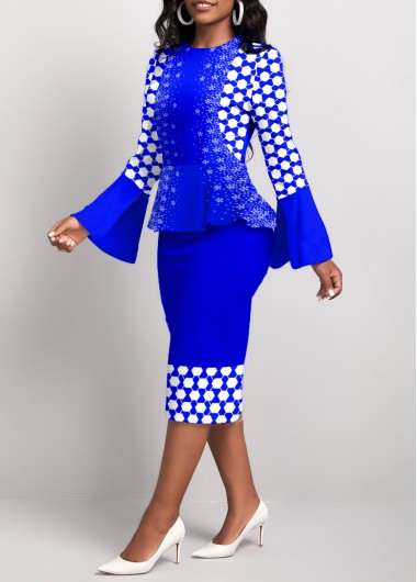 Royal Blue dresses,Geometric dresses,Dot dresses,ROTITA Fake 2in1 Geometric Print Royal Blue Bodycon Dress