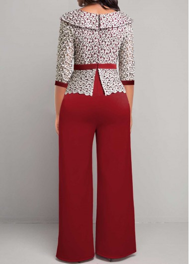 Wine Red jumpsuits & rompers,Plain Color jumpsuits & rompers,ROTITA Embroidery Wine Red Ankle Length V Neck Jumpsuit