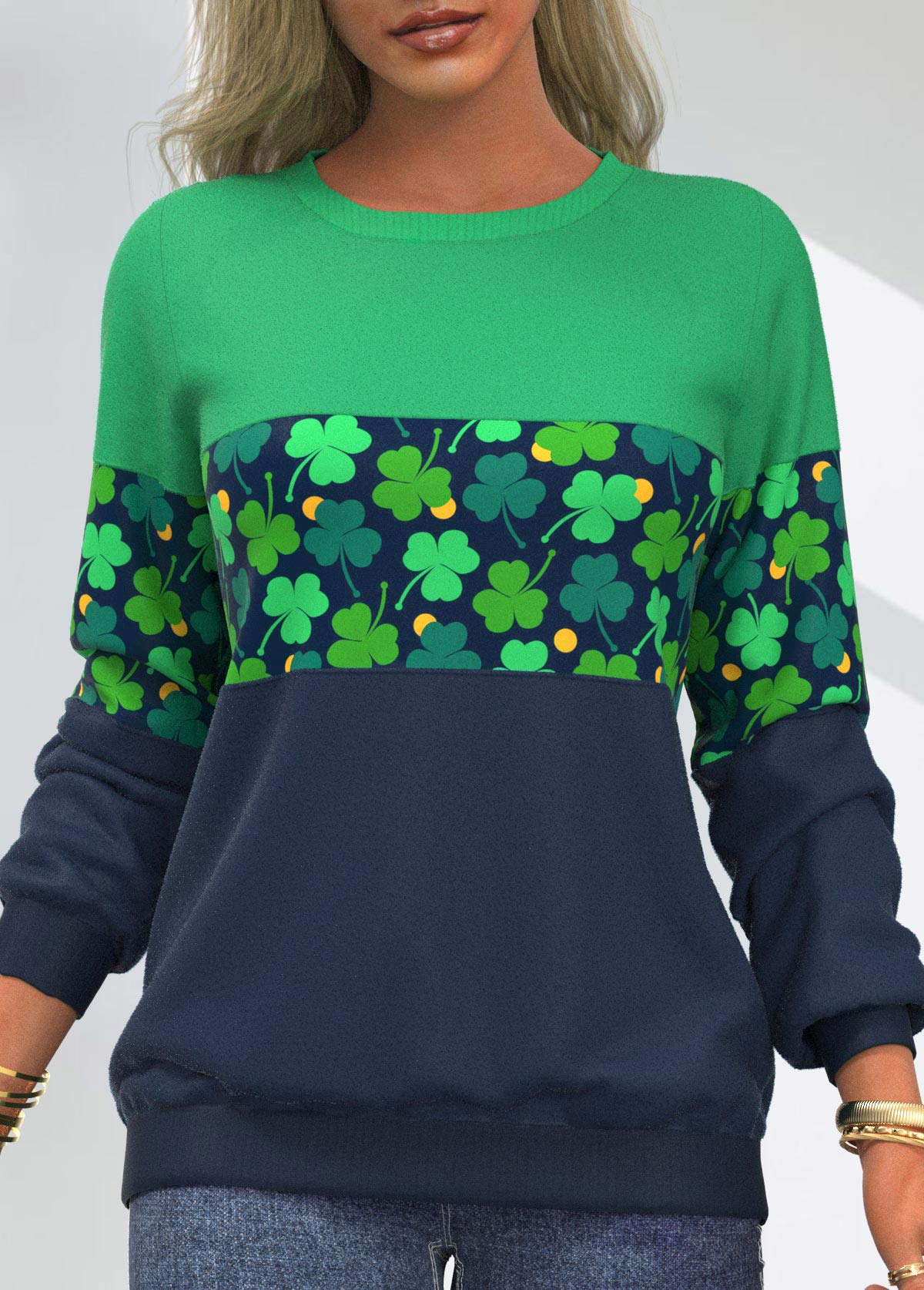 ROTITA Green Patricks Day Four Leaf Clover Contrast Sweatshirt