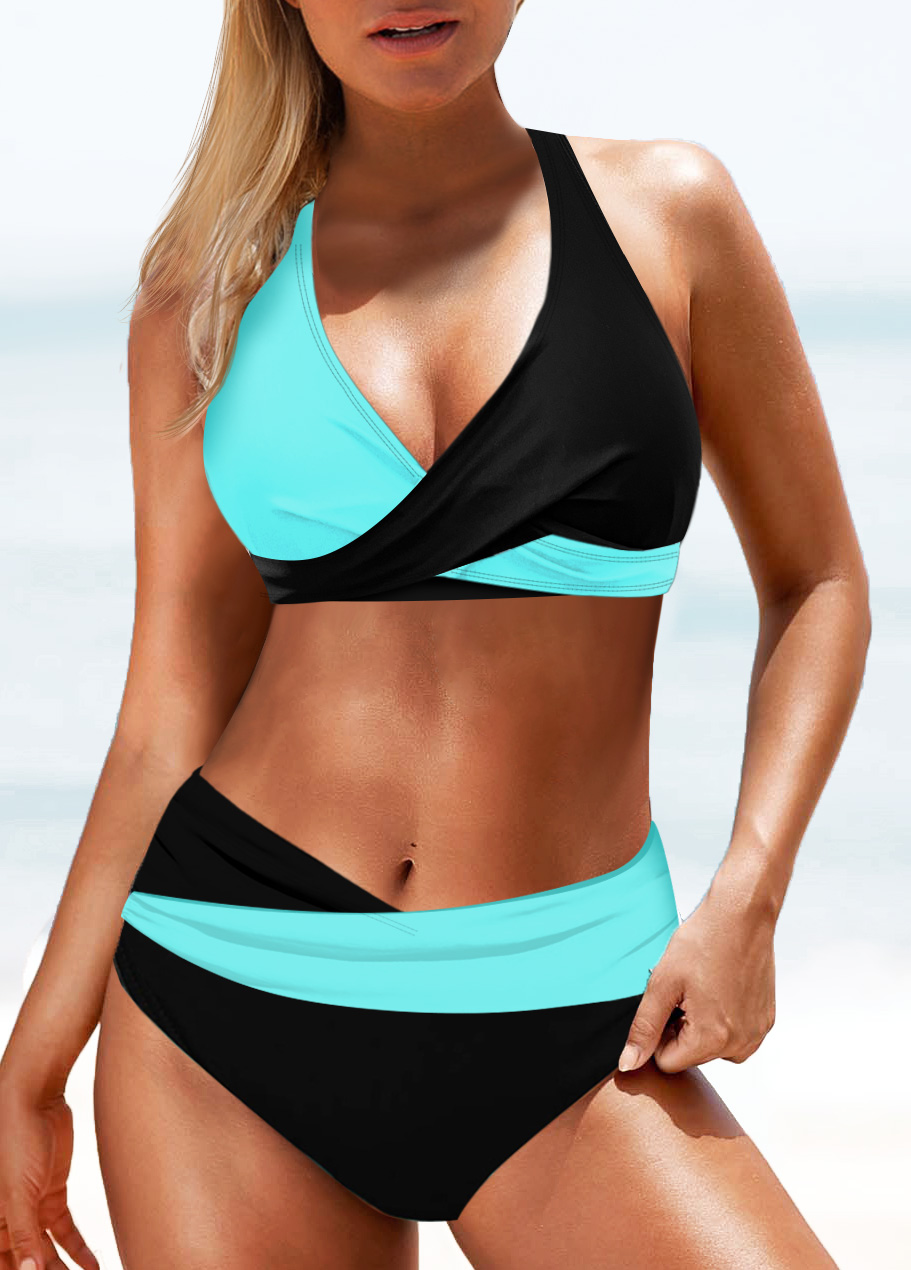 Cyan swimwear,Black swimwear,Contrast Color swimwear,ROTITA Patchwork Cyan Mid Waisted Bikini Set